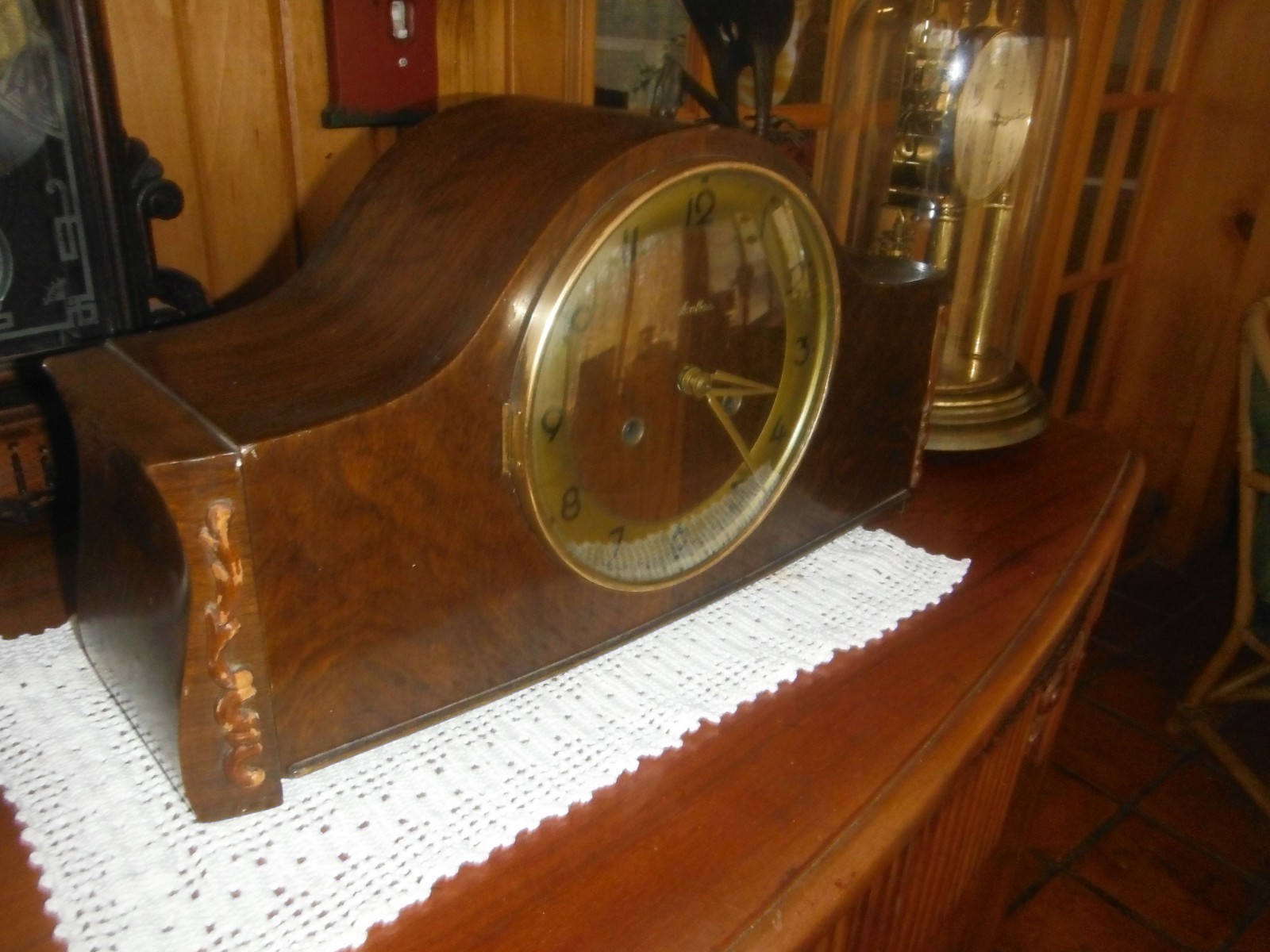 Vintage Fredrick Mauthe German Walnut Mantle Shelf Clock Triple Chime Working