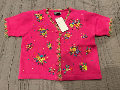 NWT Women's BEREK By Takako Sakon Pink Short Sleeve Cardigan Sweater Size S
