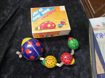 Vintage Mechanical Lady-Bug Family Parade Wind-Up Tin Toy w/ Box