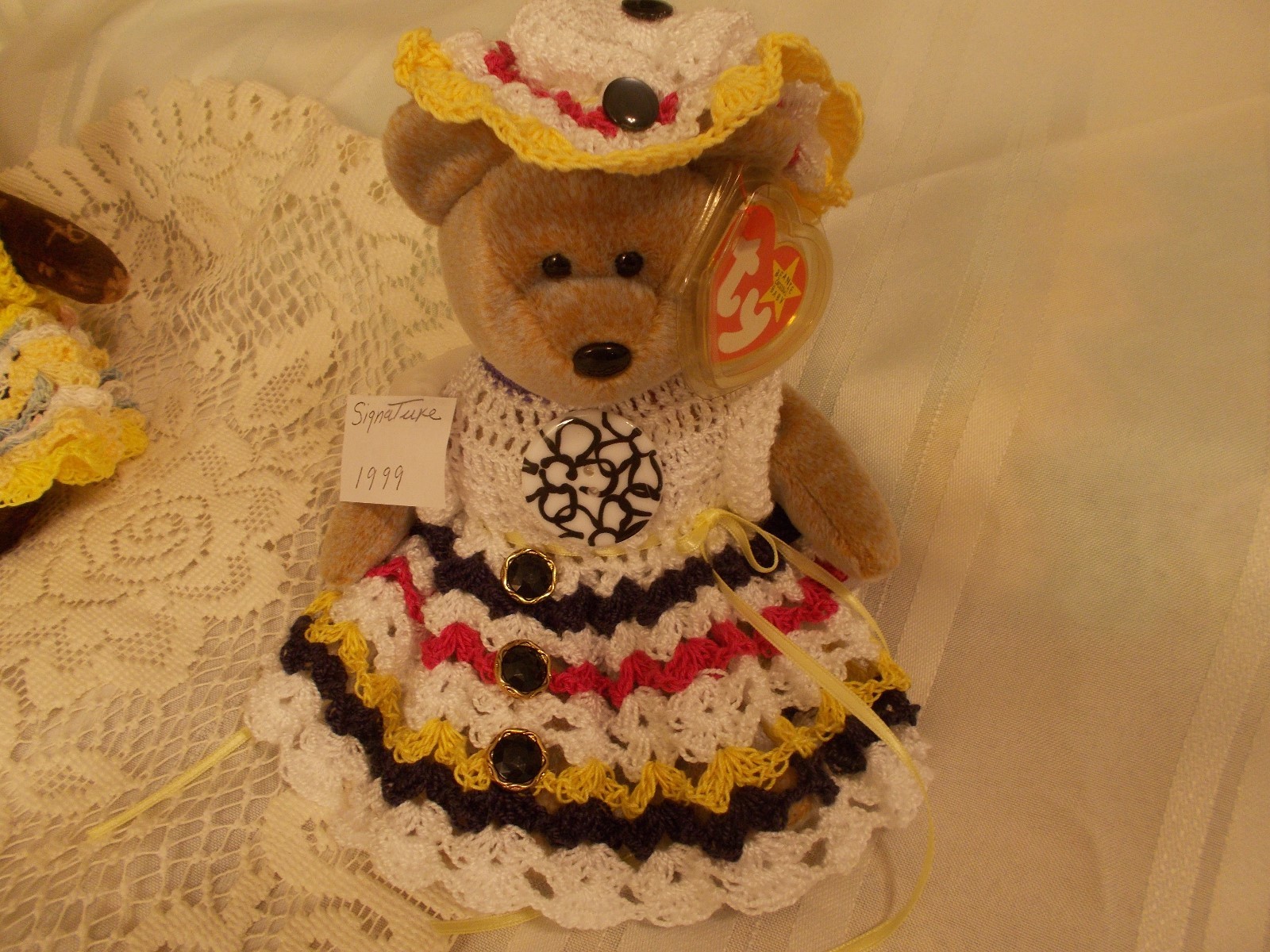 TY SIGNATURE  BEAR (9) WITH CROCHET DRESS SET MADE BY SELLER. NEW COTTON THREAD.
