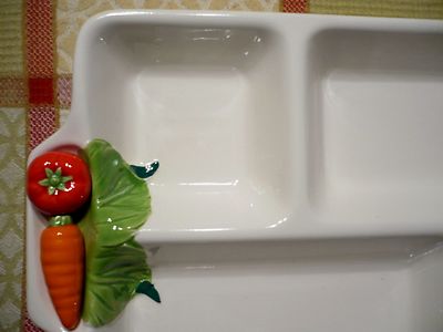 Vintage porcelain four-section tray with colorful, hand-painted vegetables. Exc