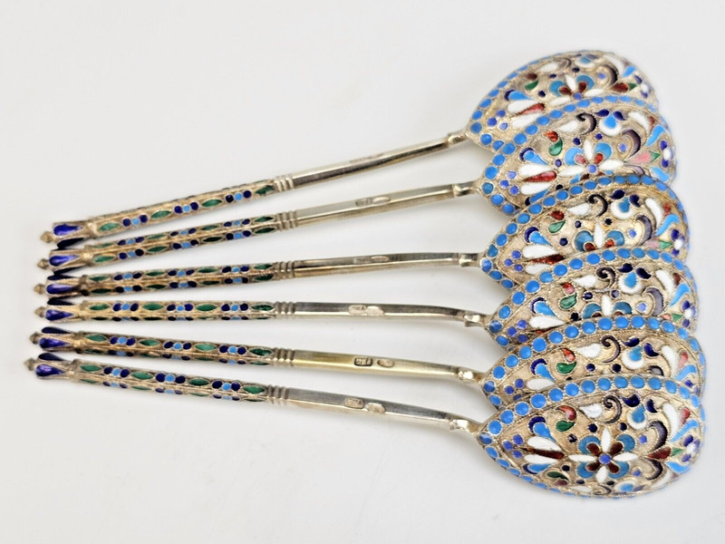 19C Russian Gilt Silver Cloisonne Enamel Tea Spoons Set 14