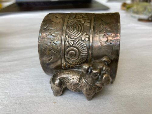 Heavy Silver Plate Napkin Ring Antique Figural Dog Victorian Pug Bulldog