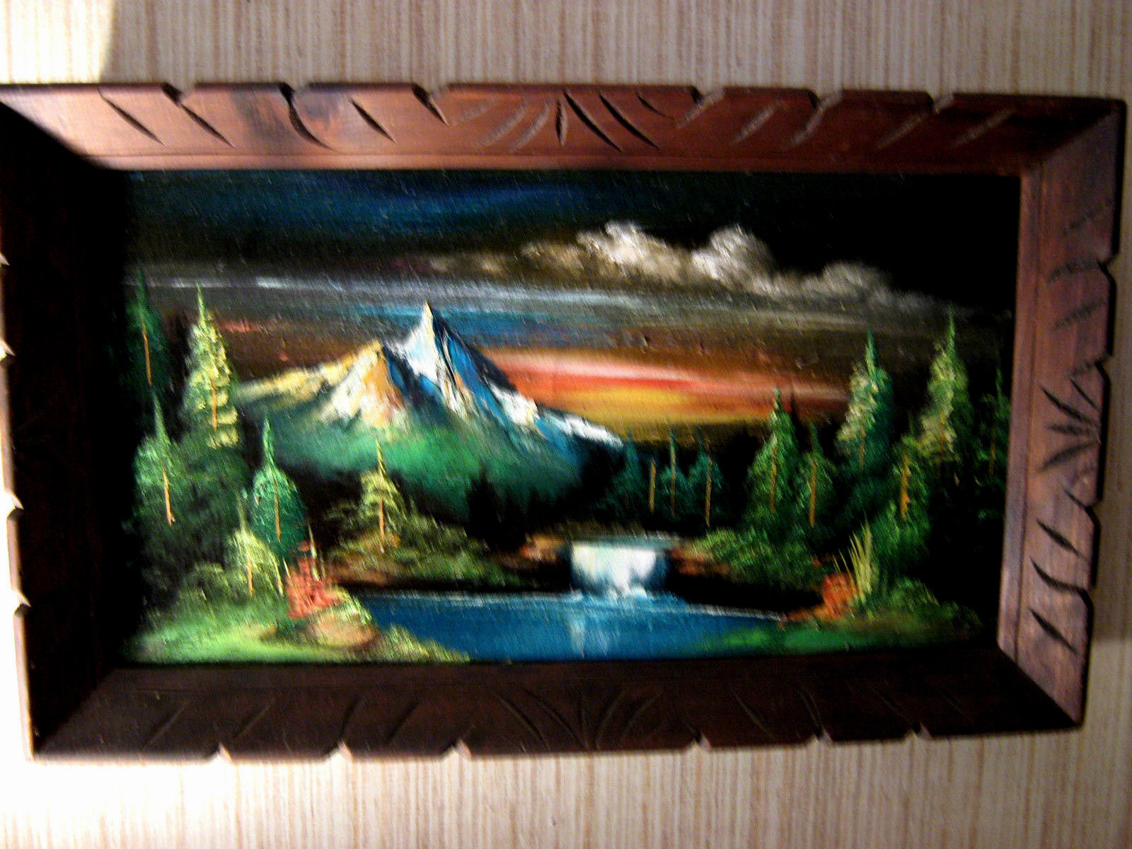 Vintage Oil Painting Velvet Mountain Waterfall Lake Trees Nature Landscape Scene