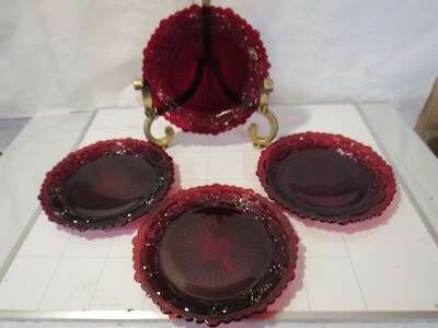 4 Avon 1876 Cape Cod Cranberry Ruby Red  Glass Dessert Salad Plates 7 3/8   F43M