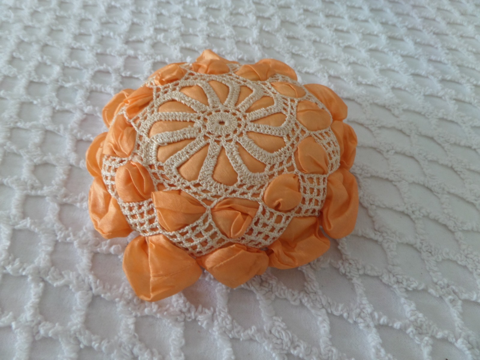 Vtg Pin cushion Crocheted orange ribbon 1930's Circle