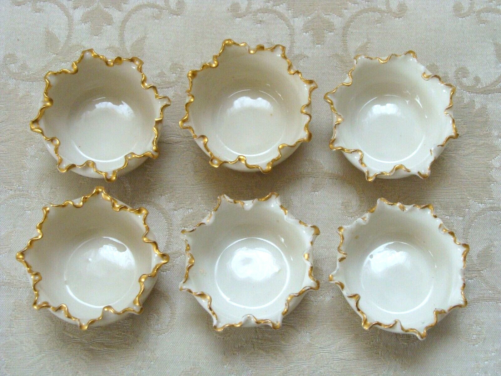 6 Willets BELLEEK Porcelain Open Salt Dip, Cellar, Dish w/Ruffled Gold Trim Rim