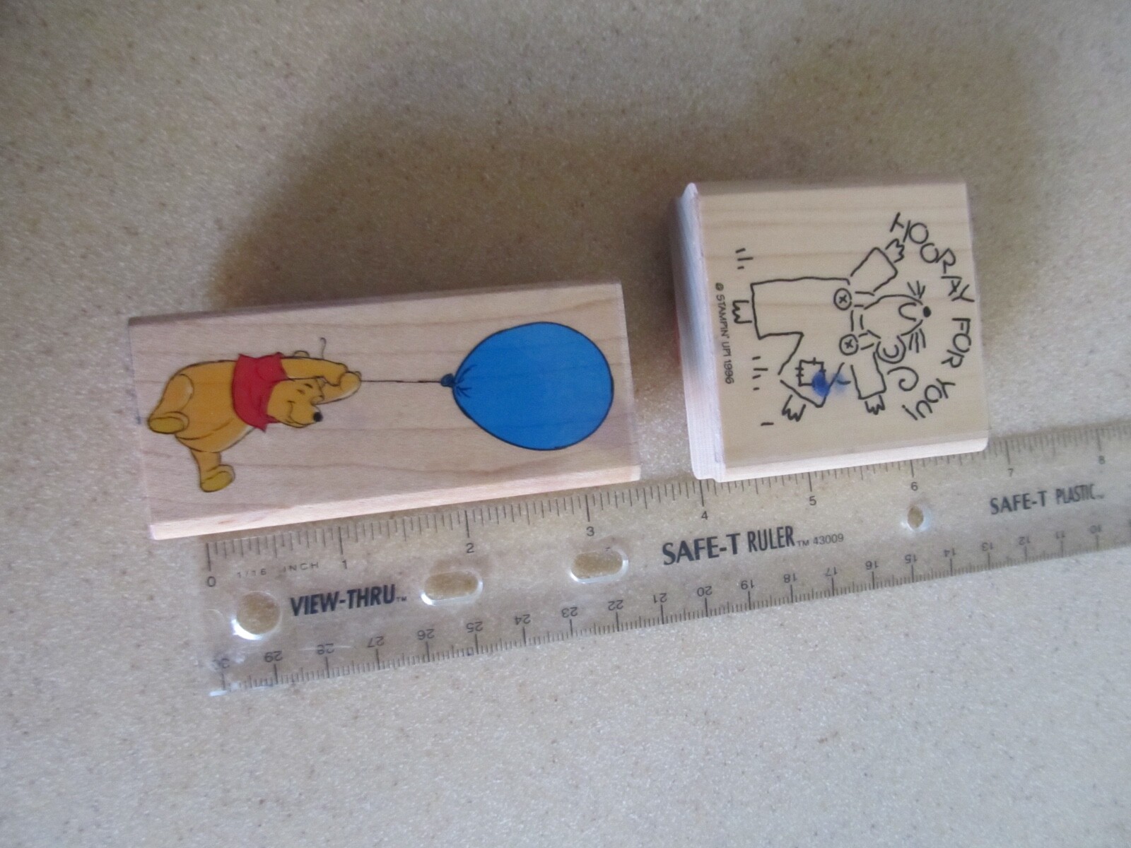 LOT 5 rubber wooden  stamps Pooh Hooray Mouse Thank You Bear Hand Stamped  Used