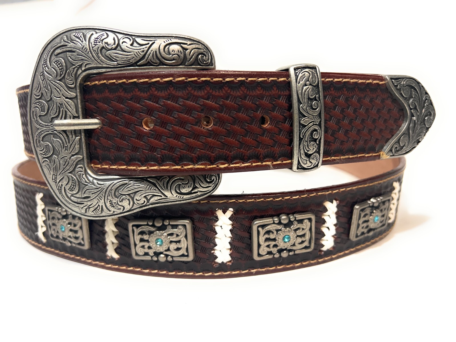 MEN'S BROWN WESTERN LEATHER BELT CONCHO RHINESTONE COWBOY BELT, CINTO VAQUERO