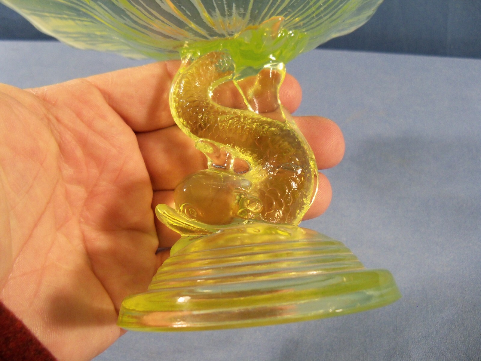 Vintage Northwood Vaseline Opalescent Compote w/ Dolphin Figural Stem