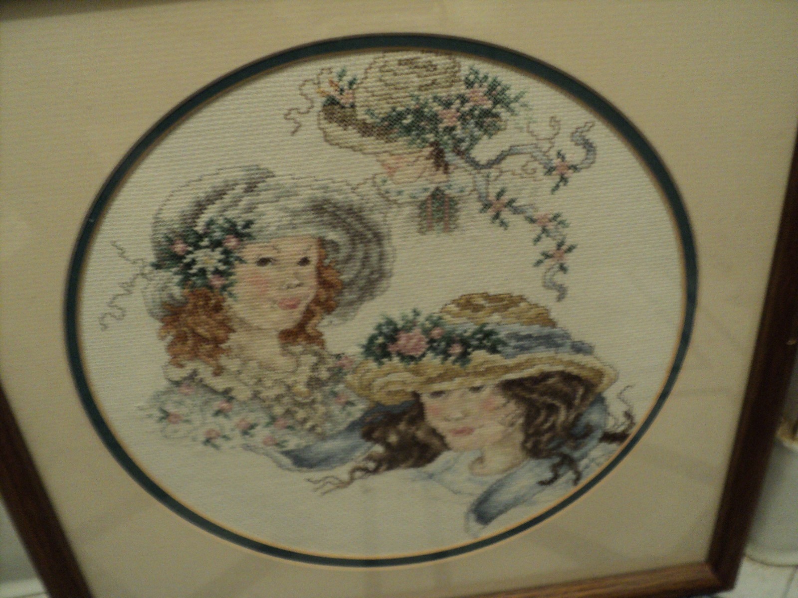 Finished Framed Counted Cross Stitch 3 ladies with hats