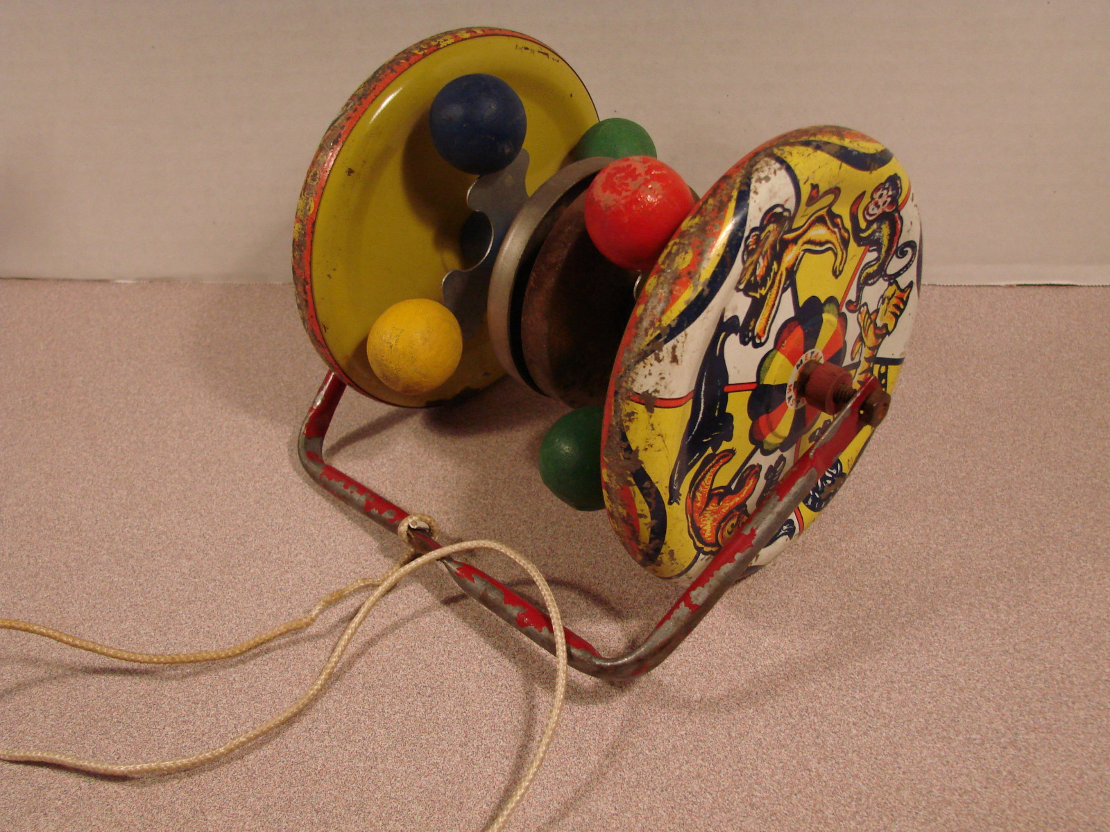 Vintage Metal Pull Toy w/Circus Animal Theme.