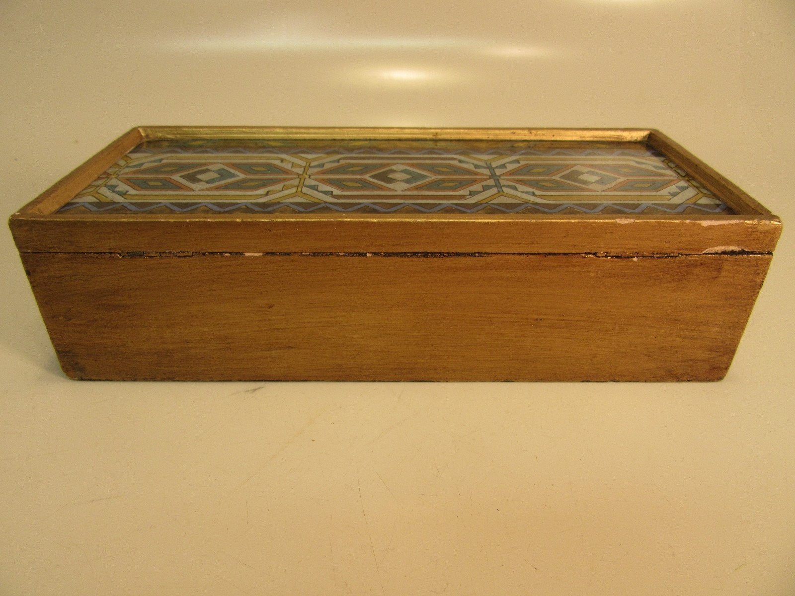 Vintage Wood Box With Glass  over drawing design  9'' by 4'' by 2 1/2'' tall