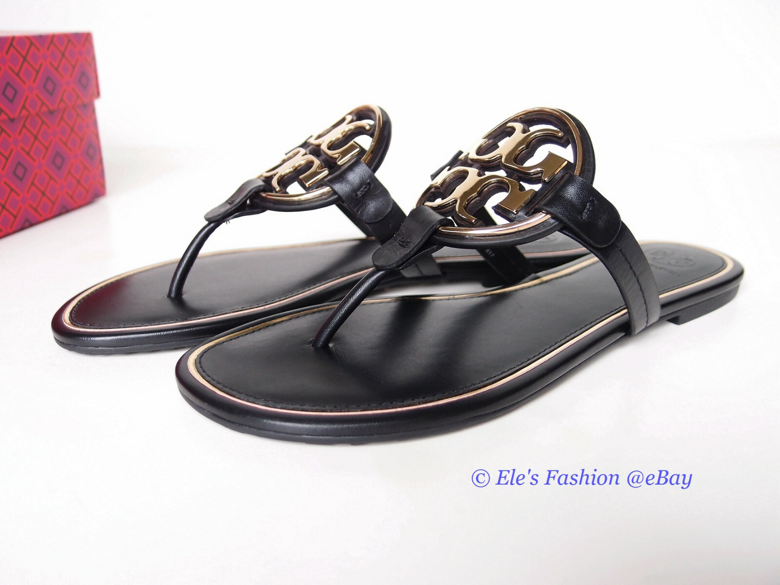 Pre-owned Tory Burch Metal Miller Thong Flip Flop Leather Sandal Black Us 7 Authentc