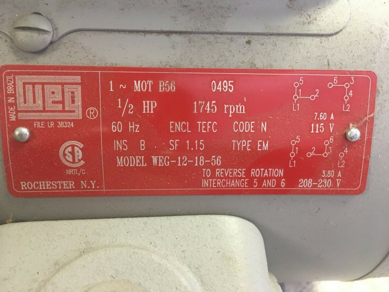 1-Wg-12-18-56 - .5HP - 1800 RPM - 56B Frame Size - Single Phase - WEG MOTOR