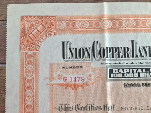 Union Copper Land And Mining Company Michigan Stock Certificate 1930 Orange