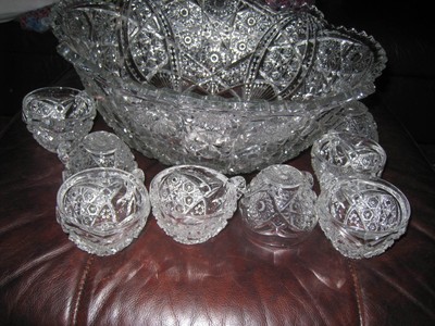 American Victorian Cut Crystal Large Punch Bowl with 8 cups 16 1/4