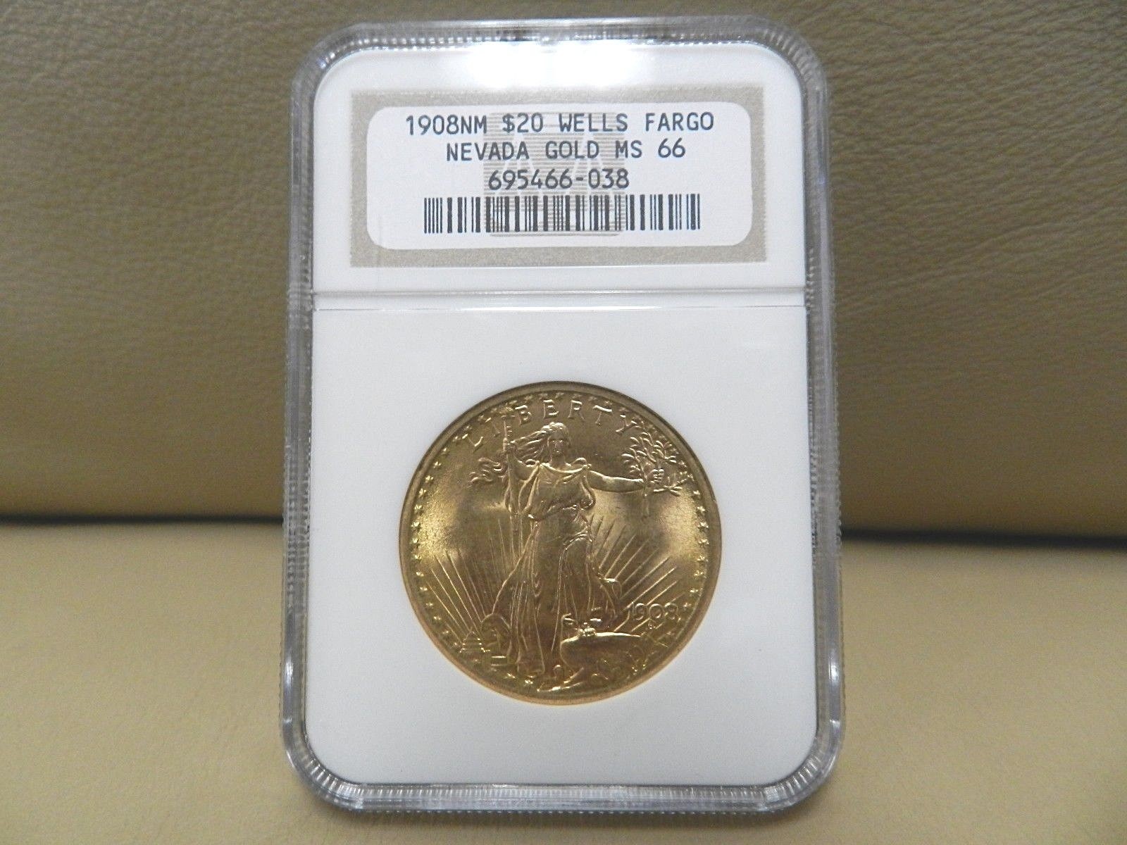 1908 $20 WELLS FARGO NEVADA St. Gaudens Gold Coin NGC MS66