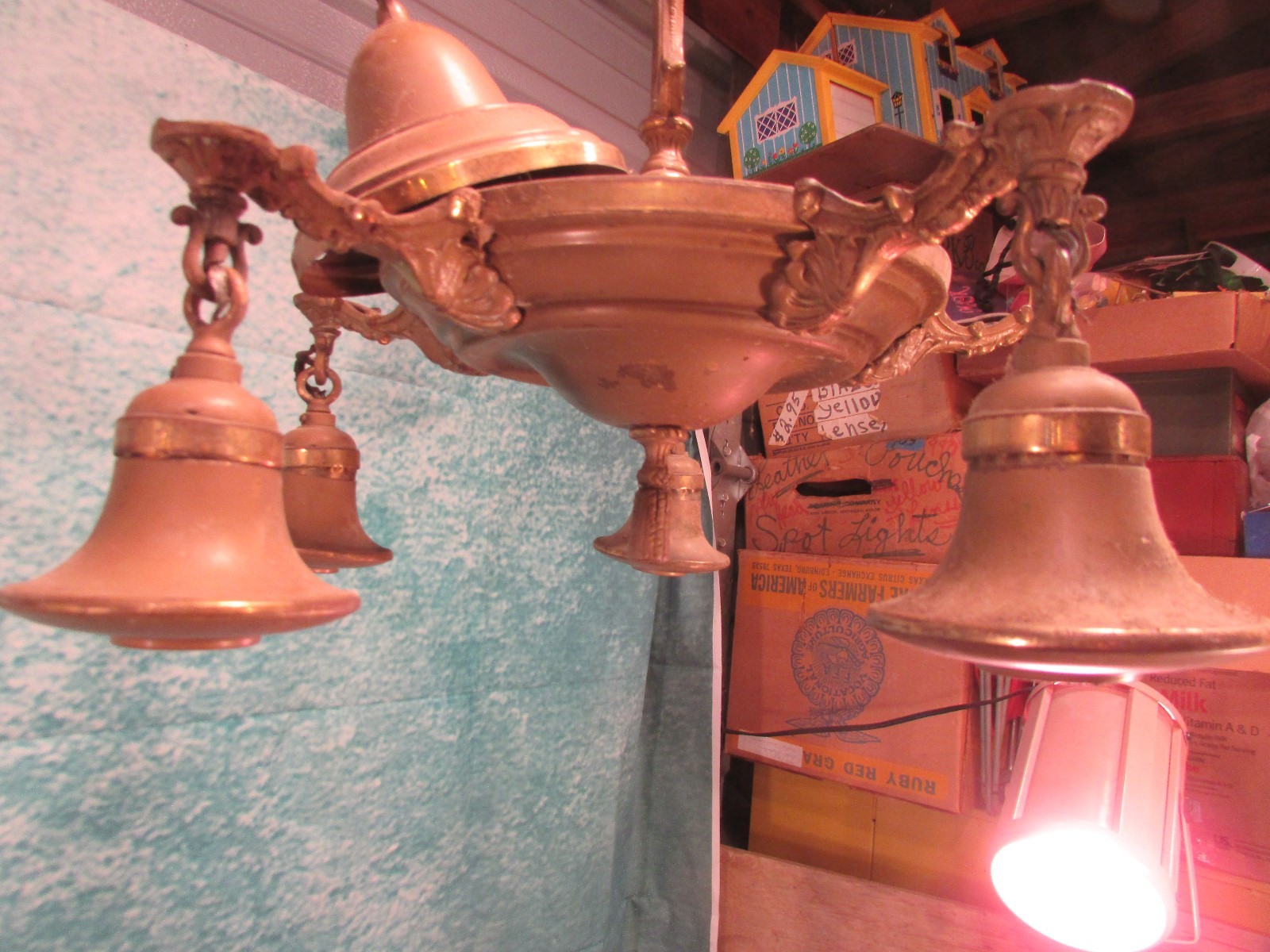 Antique Chandelier 5 light fixture art deco cast metal beautiful Needs Rewired!