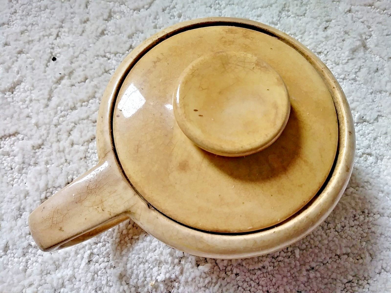 Antique Stoneware Crock Bowl with Handle and Lid Slanted Covered Dish Pottery