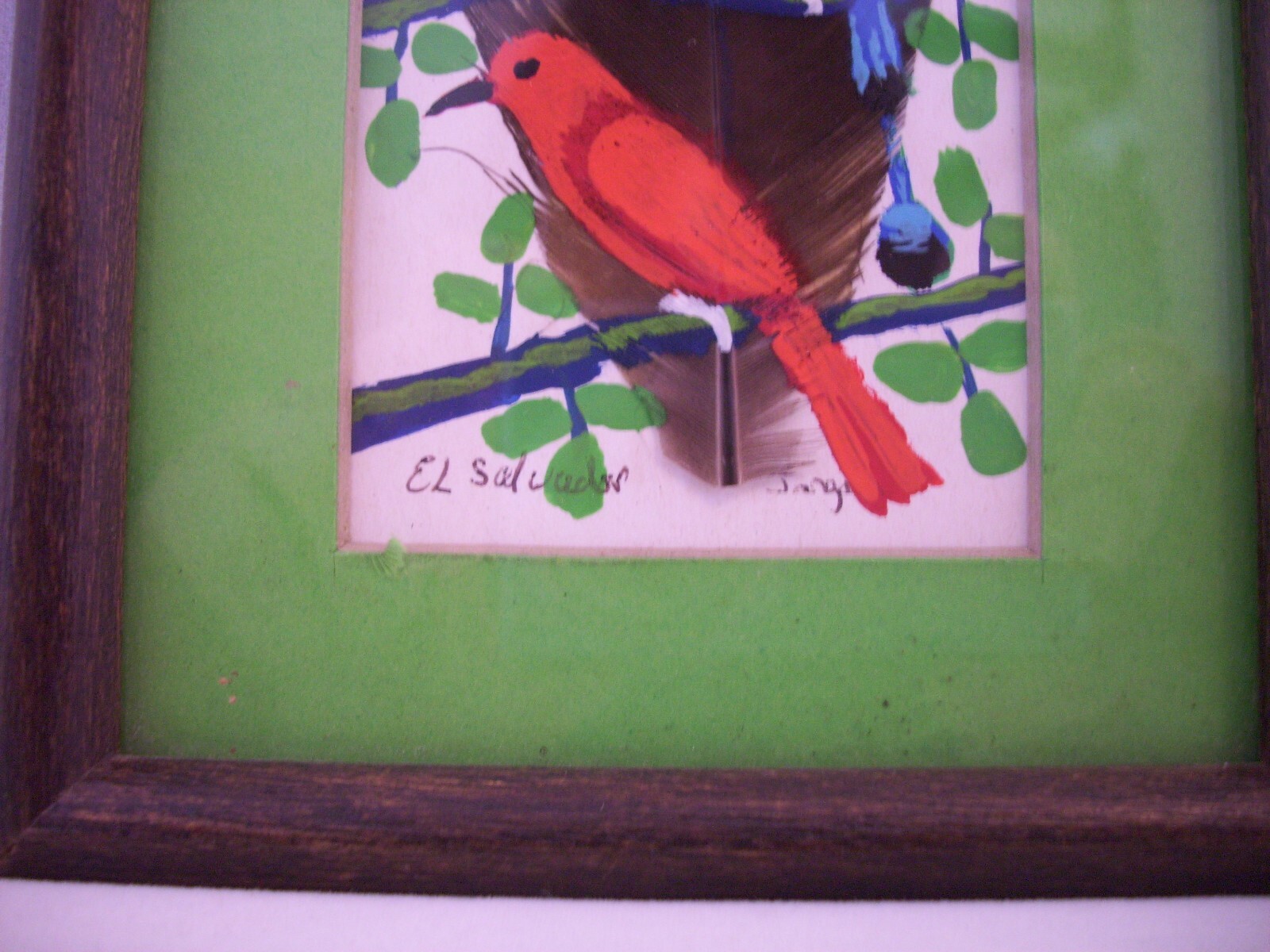 HAND PAINTED FEATHER from EL SALVADOR Small 3 x 4 inches Framed BIRDS PAINTING