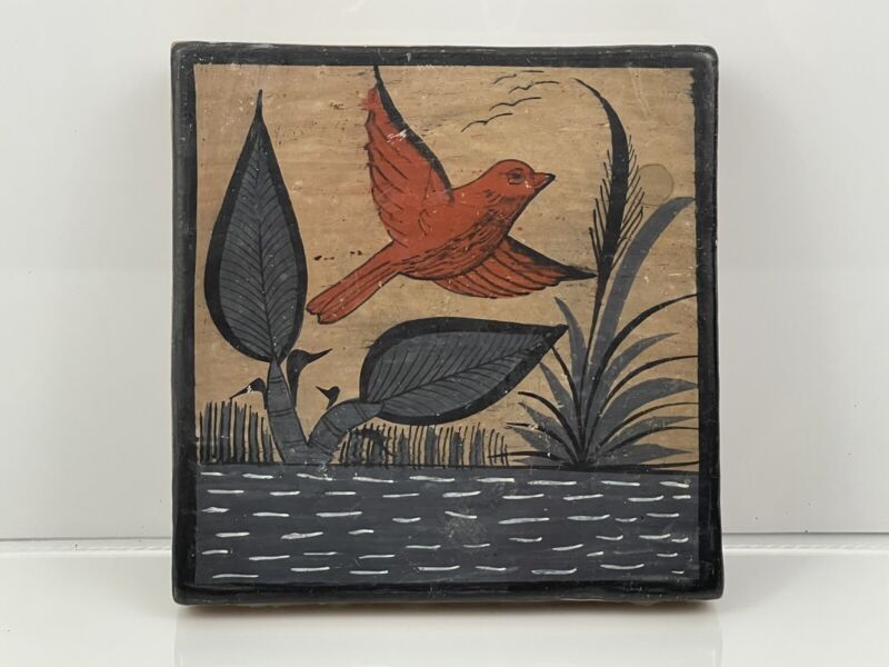 Vintage Mexican Hand Painted Folk Art Terracotta Tile Bird Over Water
