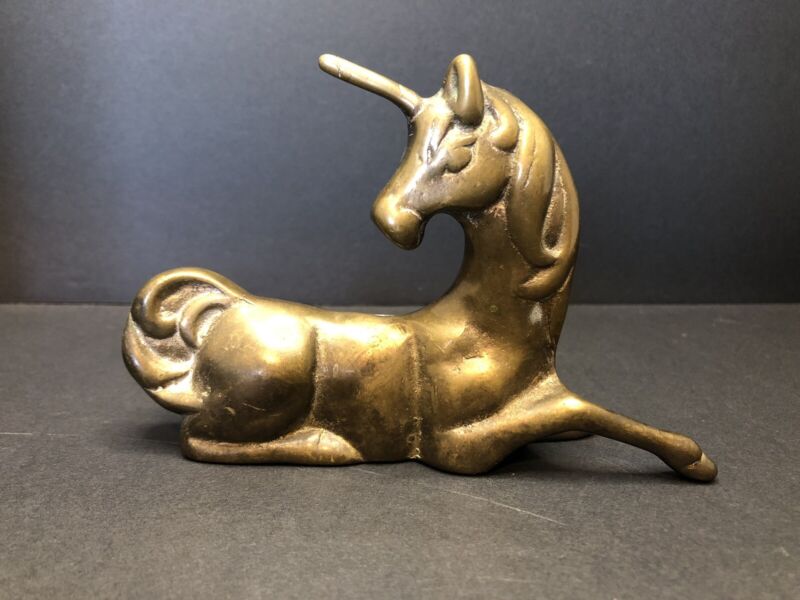 Vintage Solid Brass Unicorn Figurine Statue  Mid Century Fantasy Mystical