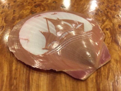 Vintage Sea Shell, Very Thin. Hand Carved Sailboat, Seashell Art