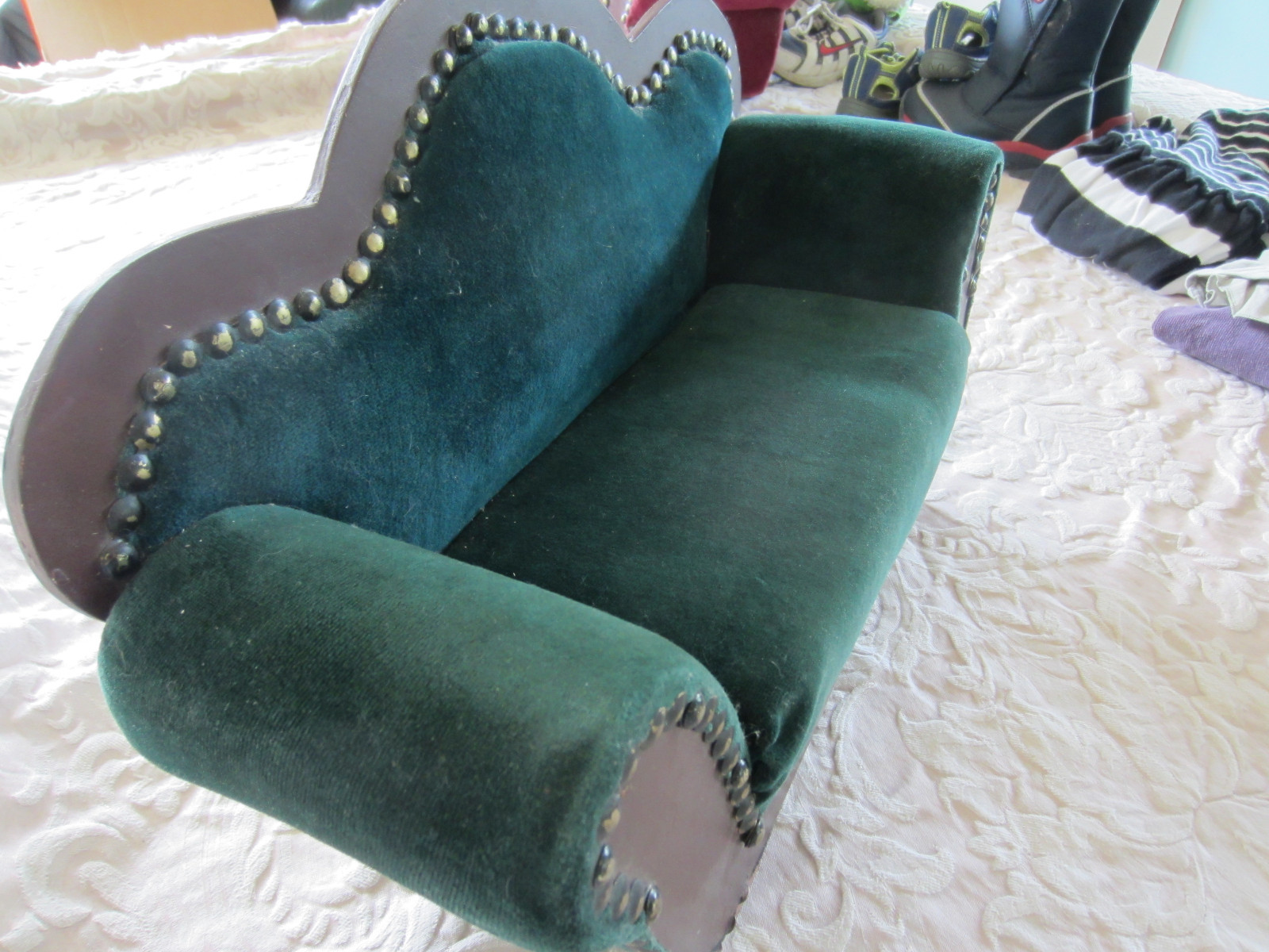 Vintage Doll Couch/Sofa Dark Green wood and velvet or velour Antique VERY RARE