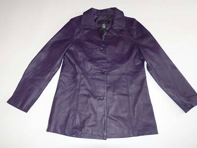 Dialogue Women's 100% Leather Jacket Medium Purple 3 Button Front Lined EUC