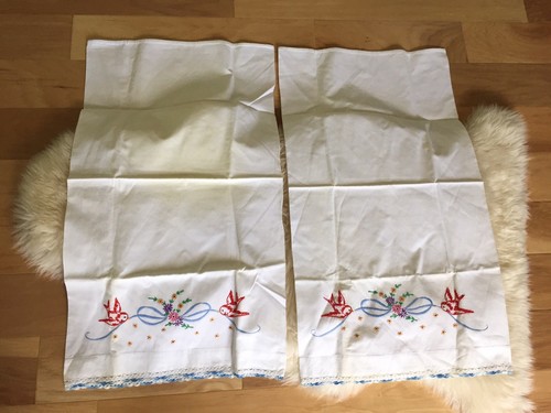 Vintage Pillowcases Set Embroidered Birds Bows Floral Crochet Trim