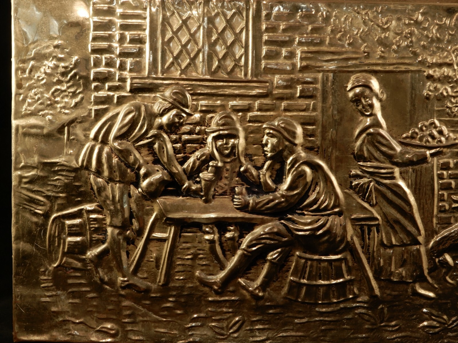 Vintage Brass Colored Magazine Rack Wood & Pressed Tin Beer Garden Design