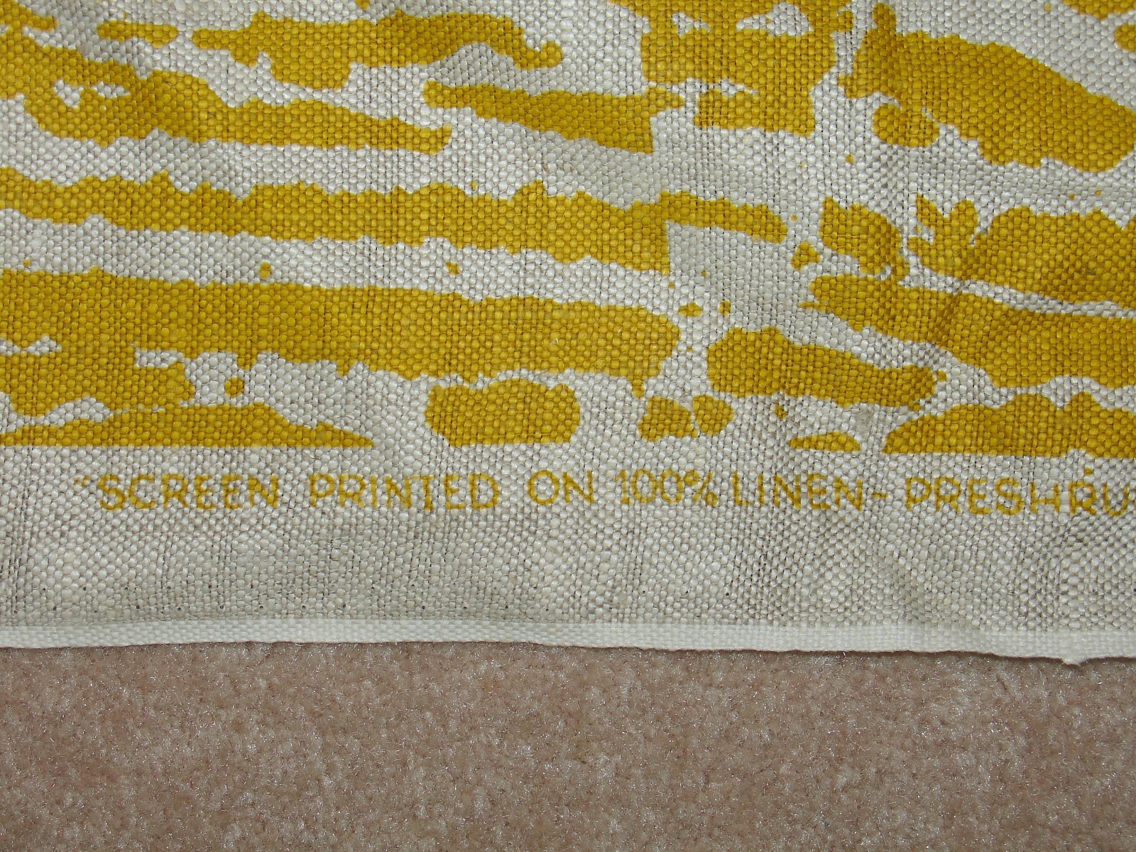 Rare Vintage MCM Abstract Screen Print Mustard Yellow Linen Fabric 2+ yards