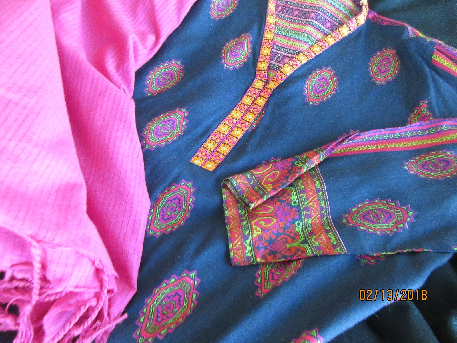 brandnew xL 3 piece stich blck multicol  linnin kameez dup pajama with  on front