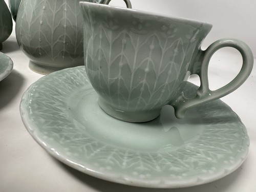 Vintage Chinese Celadon Tea Set Cups Pitcher Creamer Sugar Jade Green Color