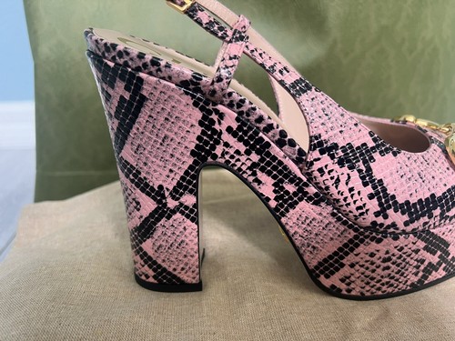 Pre-owned Gucci Shoes Python Print Leather W Horsebit Platform Slingback $1100 38.5 8.5 Us In Multicolor