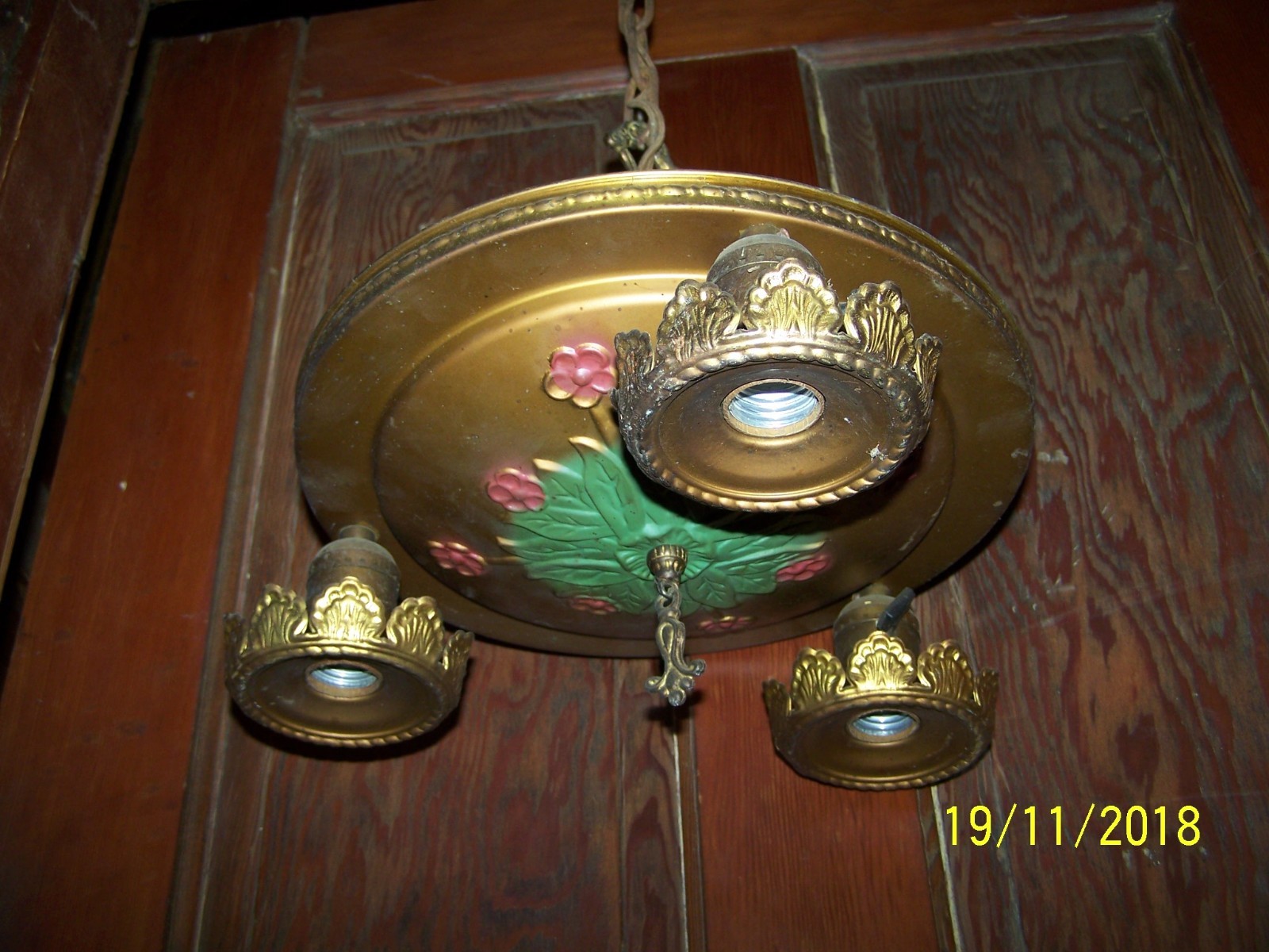 Antique Vicorian Ornate Pressed Brass Hanging 3 Light Pan Fixture