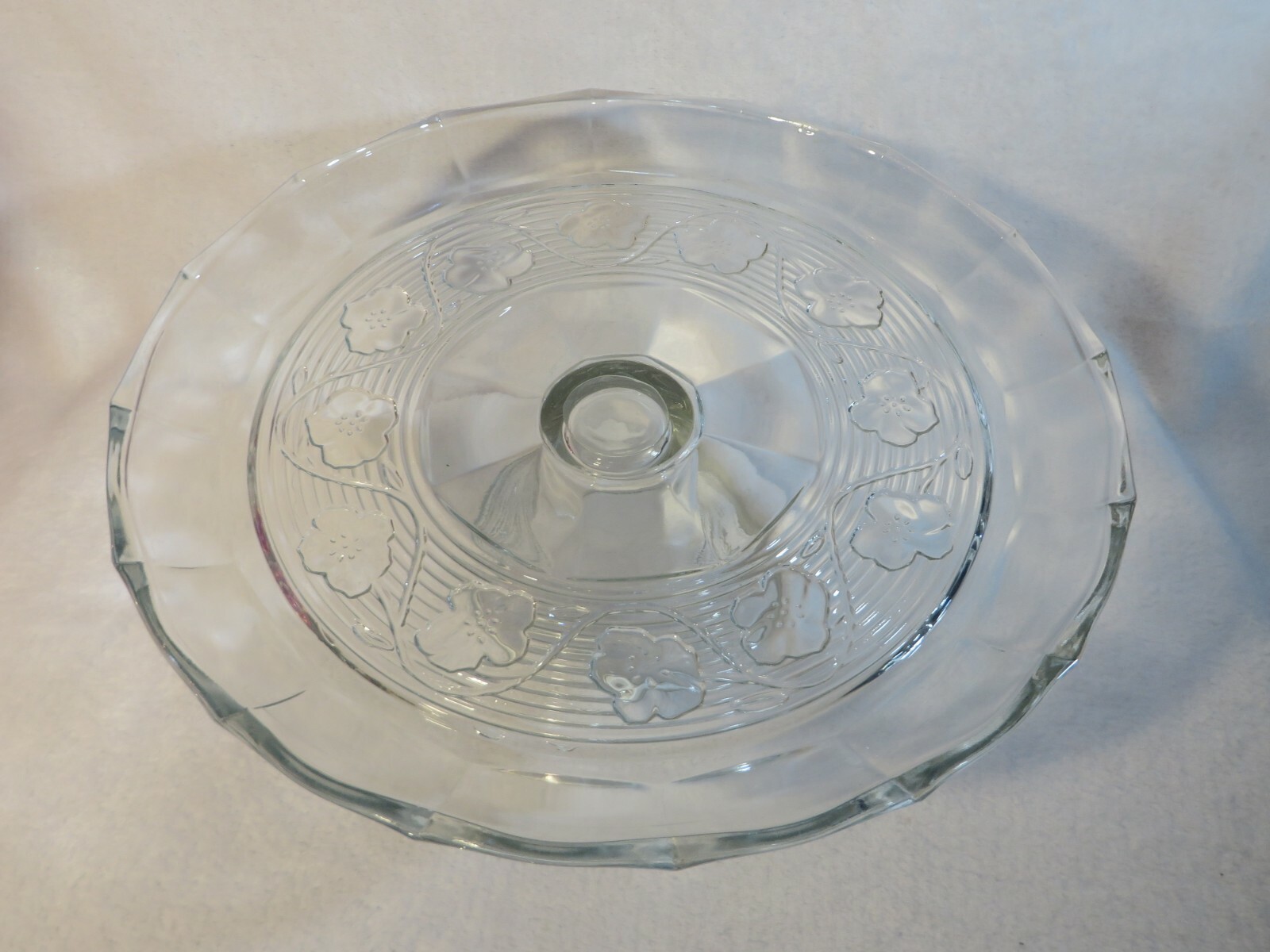 VINTAGE PRESSED GLASS PEDESTAL CAKE STAND WITH DOME COVER AND PUNCH BOWL