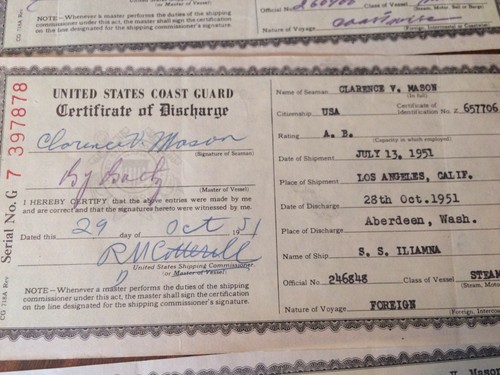 7 1951 U.S. Coast Guard Certificate of Discharge Merchant Seaman Steam Vessels