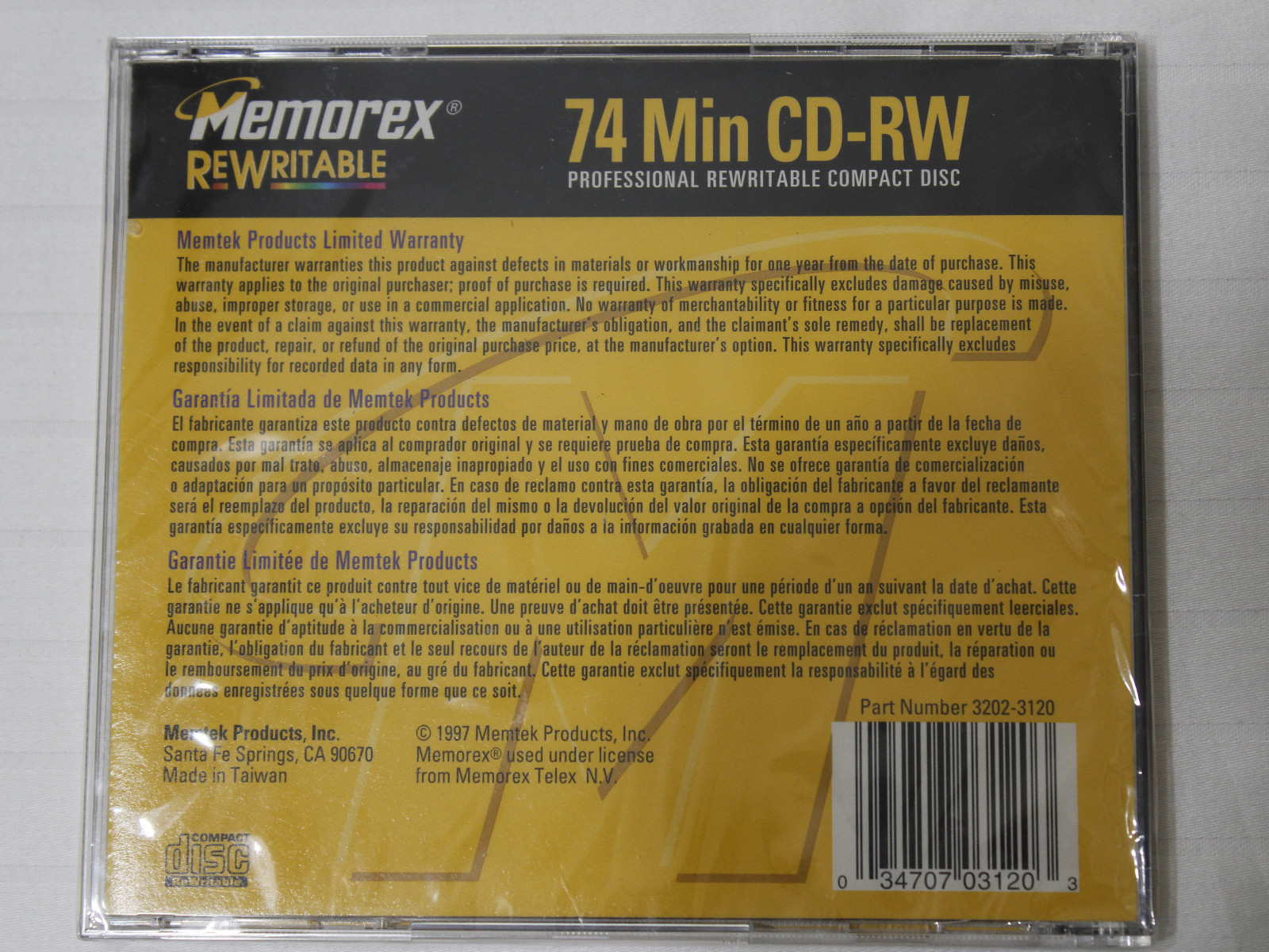 Vintage Memorex Professional Rewritable Compact Disk 74 Min CD-RW New In Case