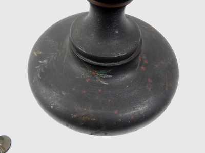 Antique Turned Wood Urn With Old Black Painted Finish & Hand Decorated.