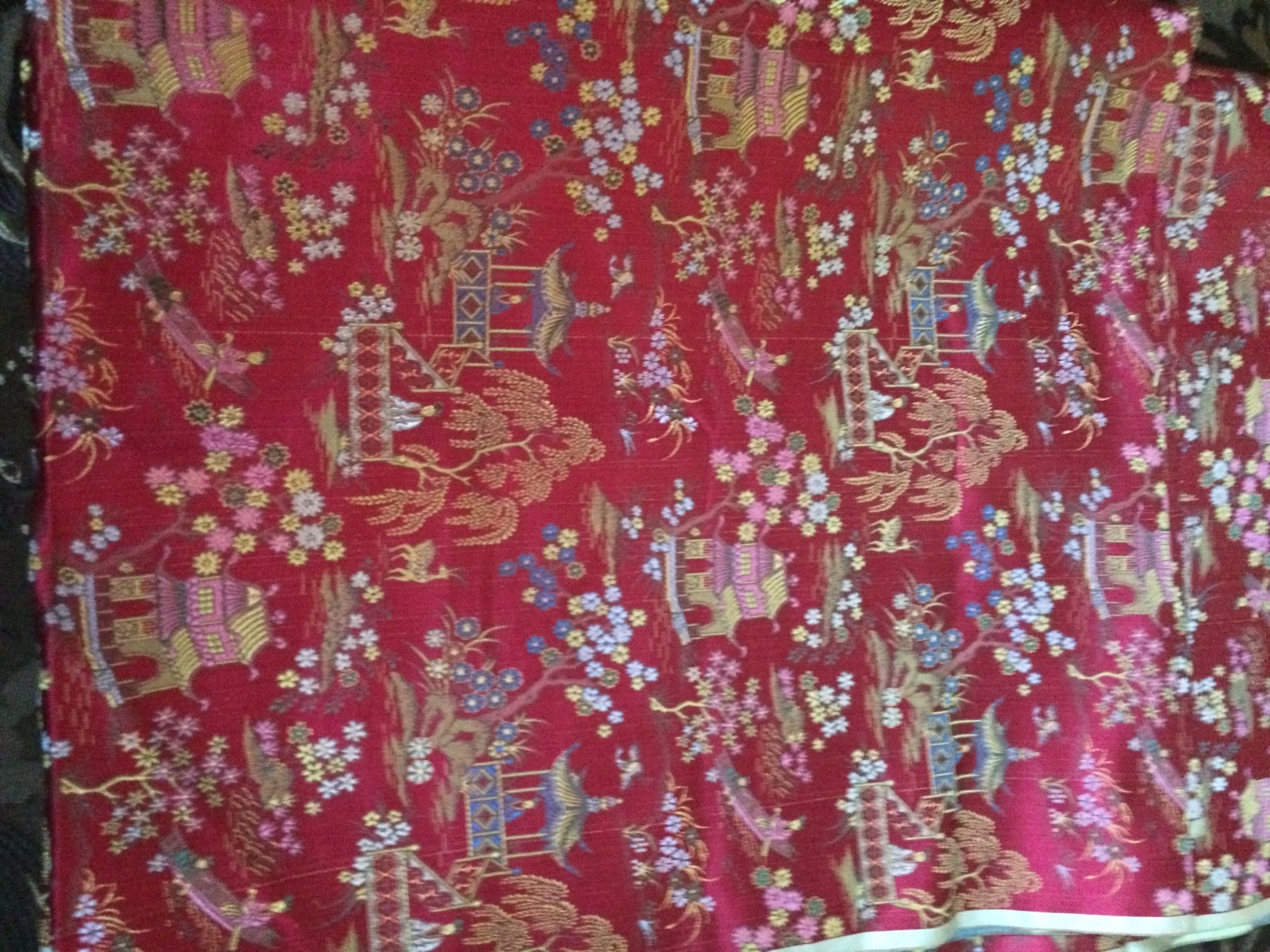 Silk Fabric Oriental Design Red VINTAGE