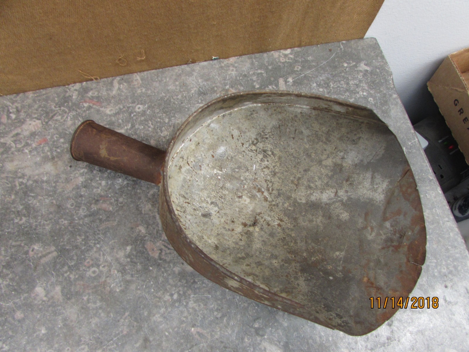 antique vintage galvanized metal scoop w/ metal soldered handle