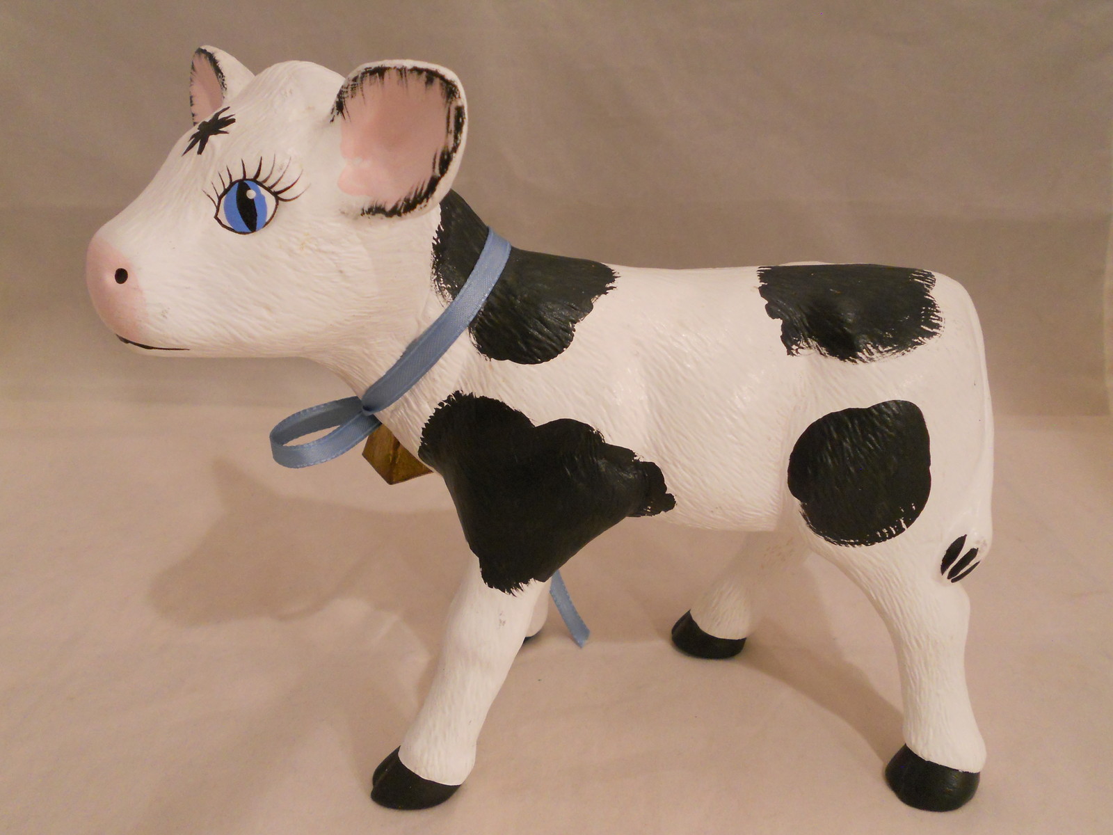 Vintage 1970s Handpainted Ceramic Cow Figurine Black & White With Bell
