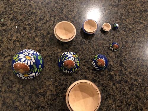 Vintage Set of 5 Russian Nesting Dolls Blue Floral Handpainted