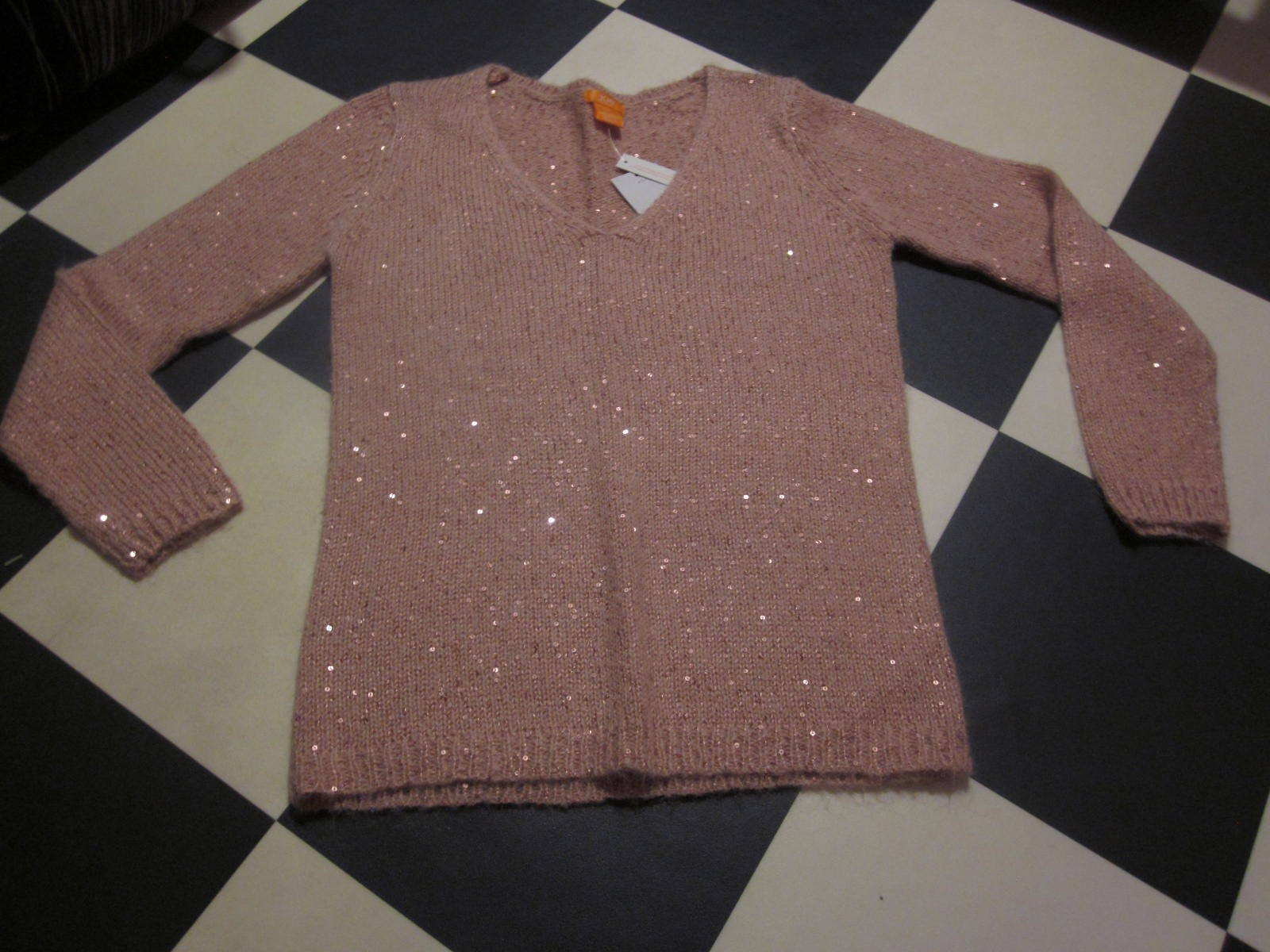 Joe Fresh NWT Pink sequin Wool Mohair V neck Pullover tunic sweater jumper Top S