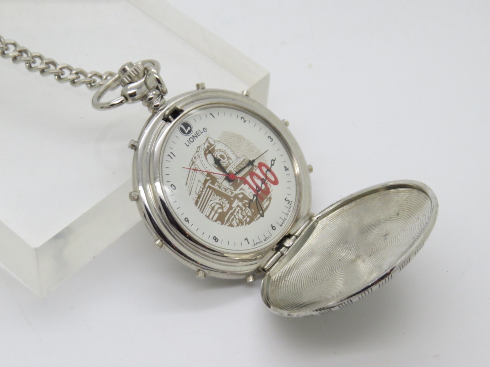 Lionel 100 year Anniversary Commemorative Pocket Watch Silvertone w/ Chain E