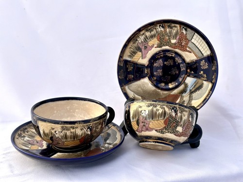 Antique Japanese Satsuma Cup Saucer PAIR Shimazu Hakuzan