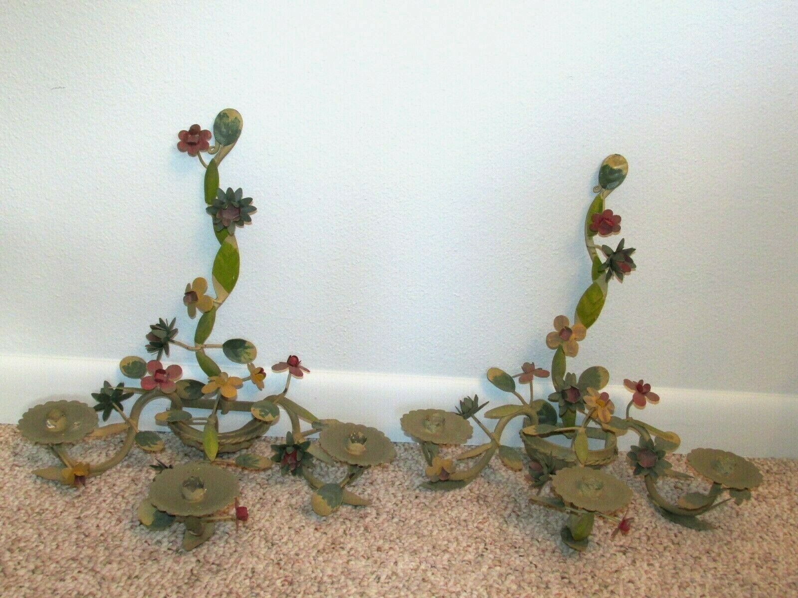Pair Vintage Tole Painted Flower 3 Arm Metal Candelabra Shabby Wall Sconce Set