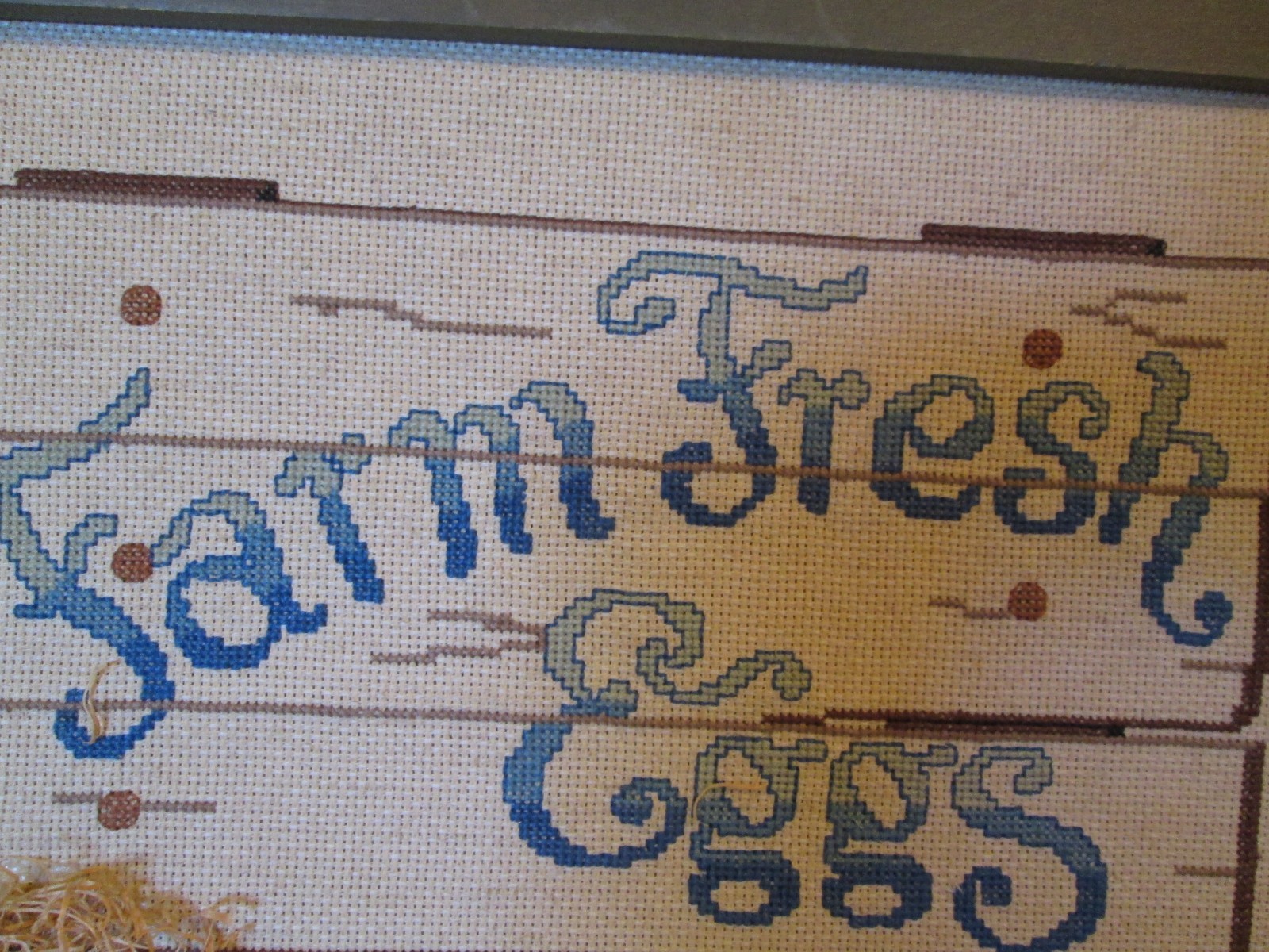 Completed Cross Stitch Farm Fresh Eggs Sign Country Primitive Barn Wood Frame